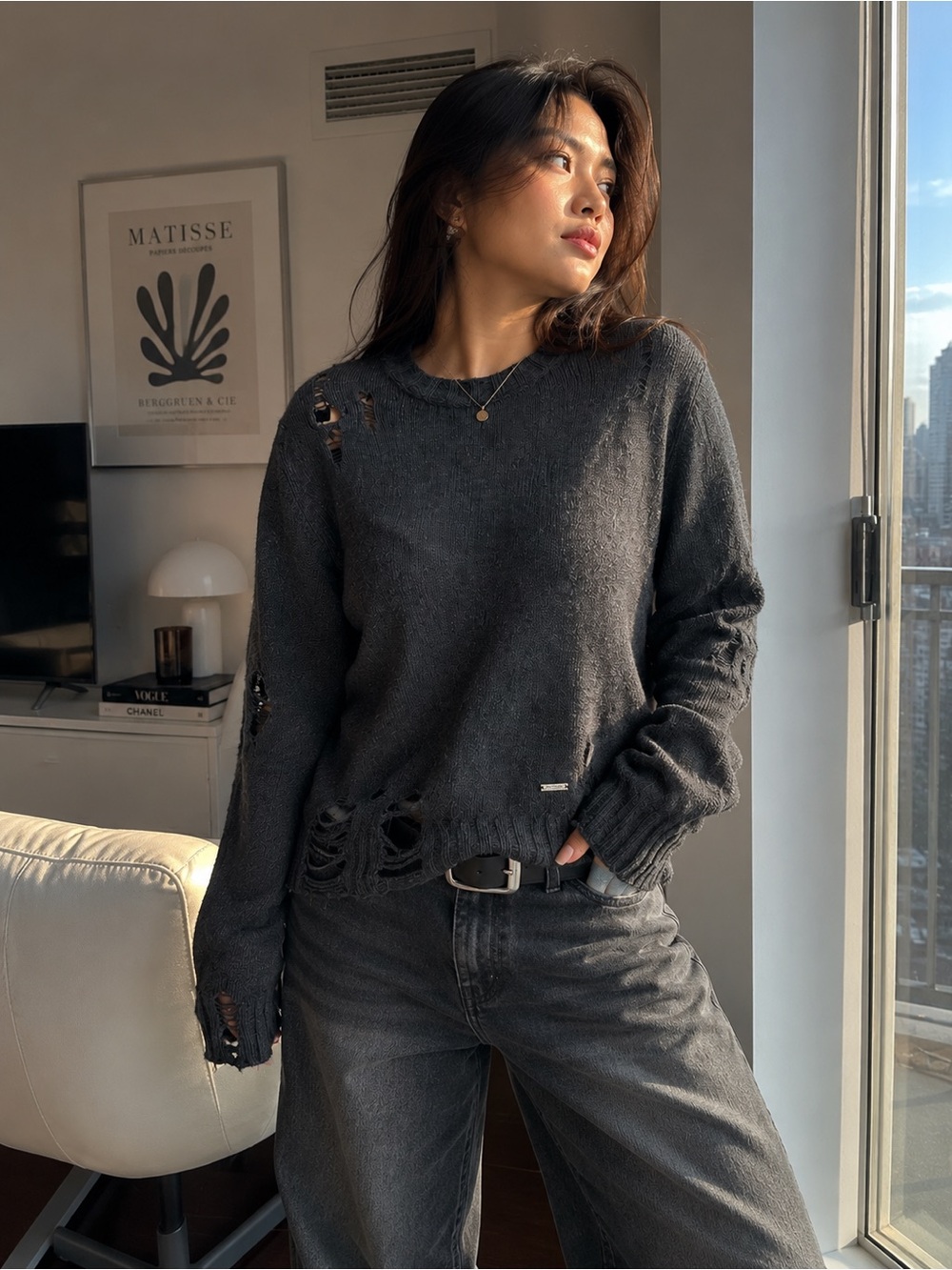 Diesel Women's Distressed Charcoal Crewneck Sweater